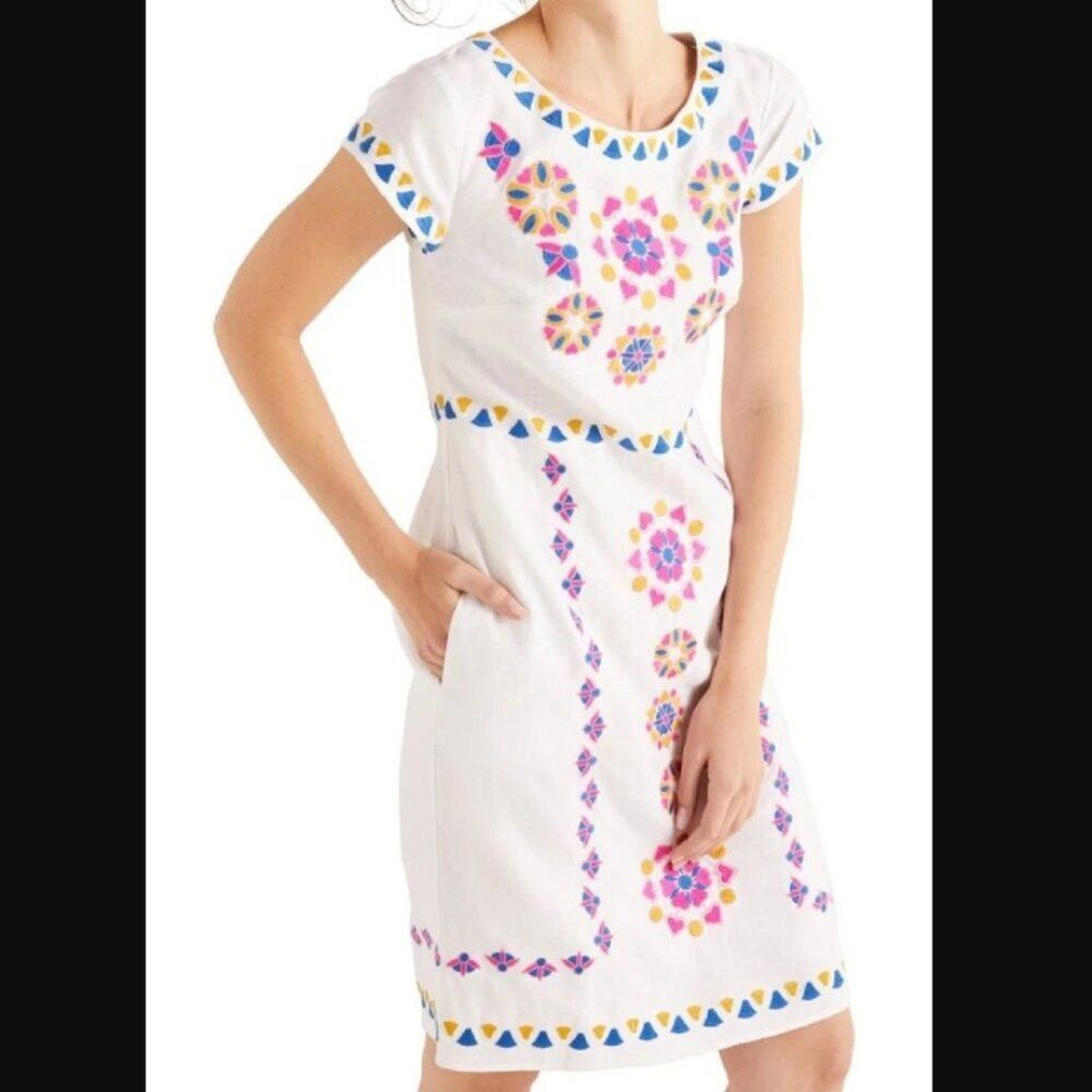 Boden White Linen Sheath Dress w/ Pockets | 16L-18L | Colorful Embroidery NEW
